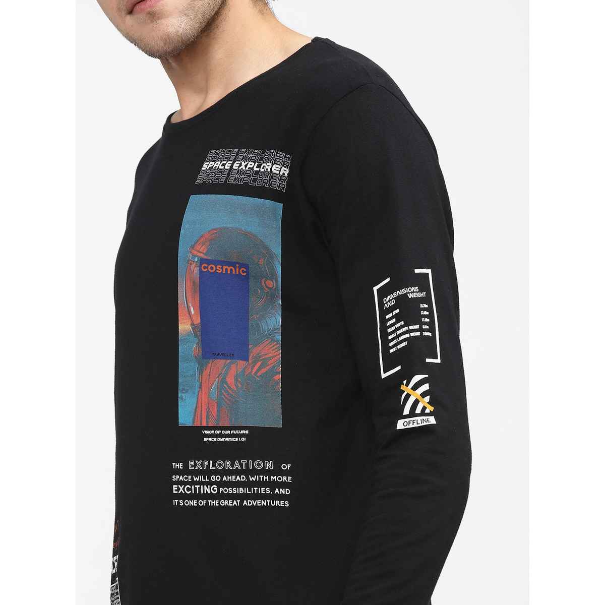 Locomotive Men's Round Neck Long Sleeve Slim Fit Printed T-shirt | Black - M