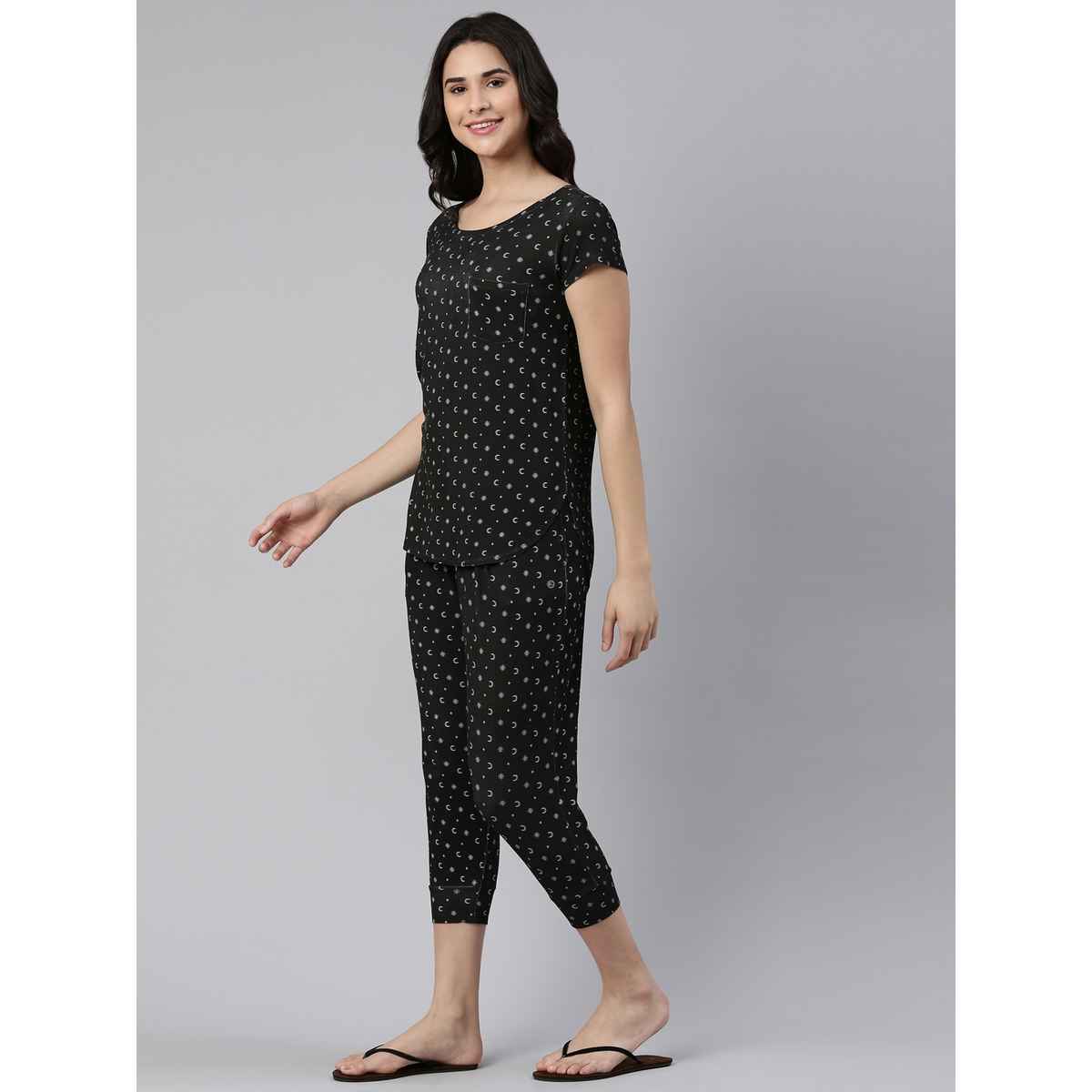 Enamor Essentials EC16 Women s Aop-Soft & Drapey All Over Printed Lounge Capri Set | Black | 2XL