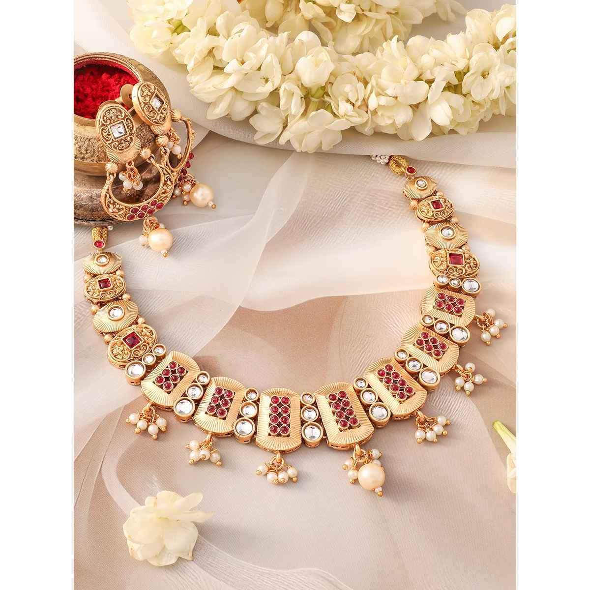 Rubans 24K Gold-Plated Ruby, Kundan Studded & Pearl Drops Rectangle Motif Necklace Set