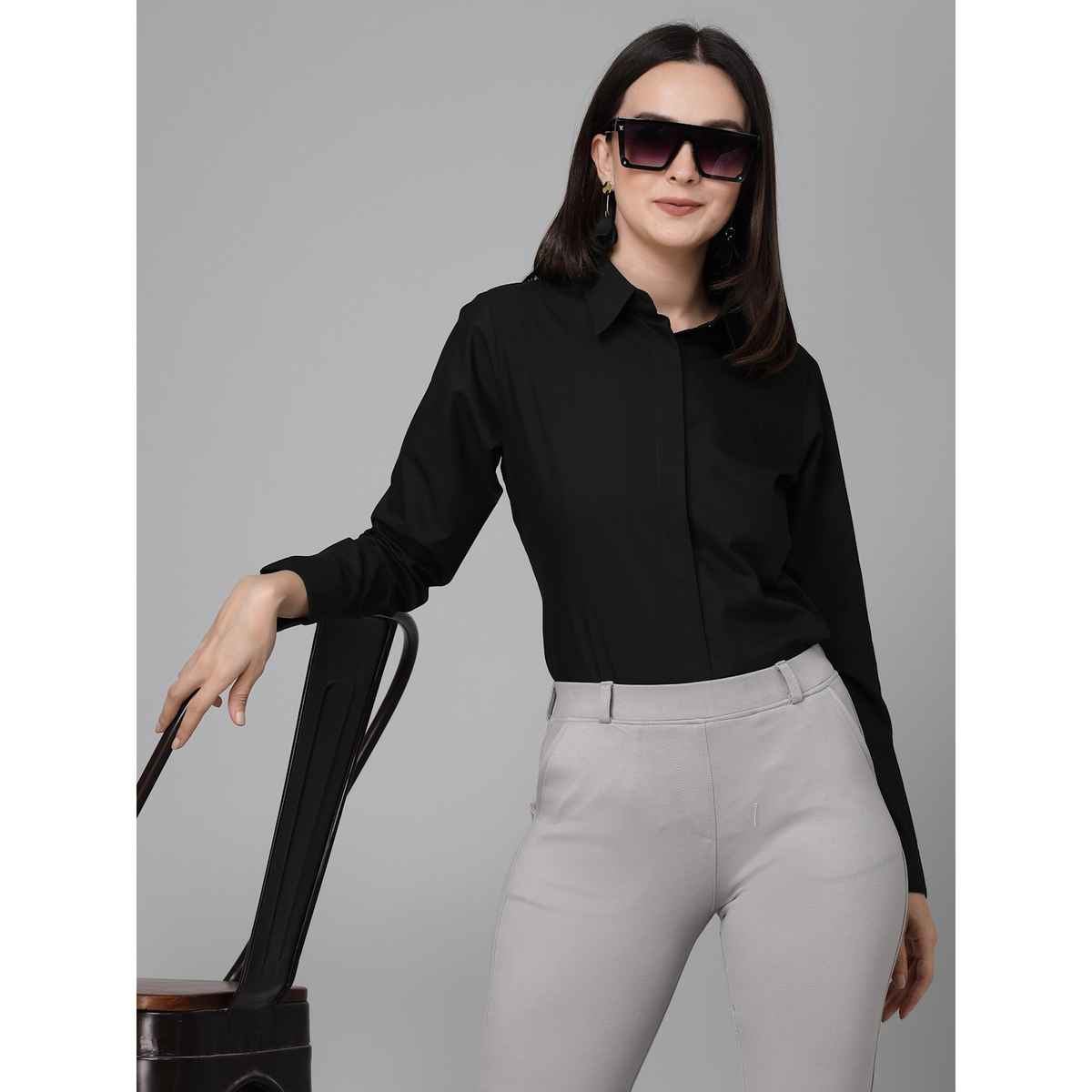 Style Quotient Women Black Cotton Blend Casual Long Sleeve Shirt | XL | SS23SQARUNA - Black