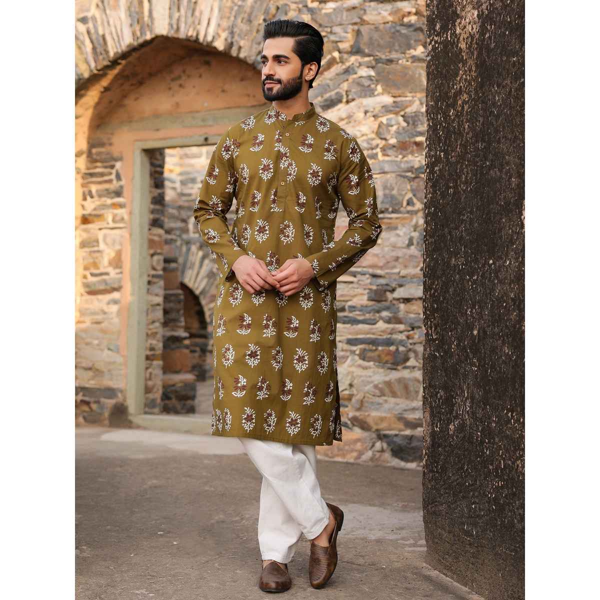 Sanskrutihomes Mandarin Collar Printed Summer Sheers Cotton Kurta for Men | Olive | S