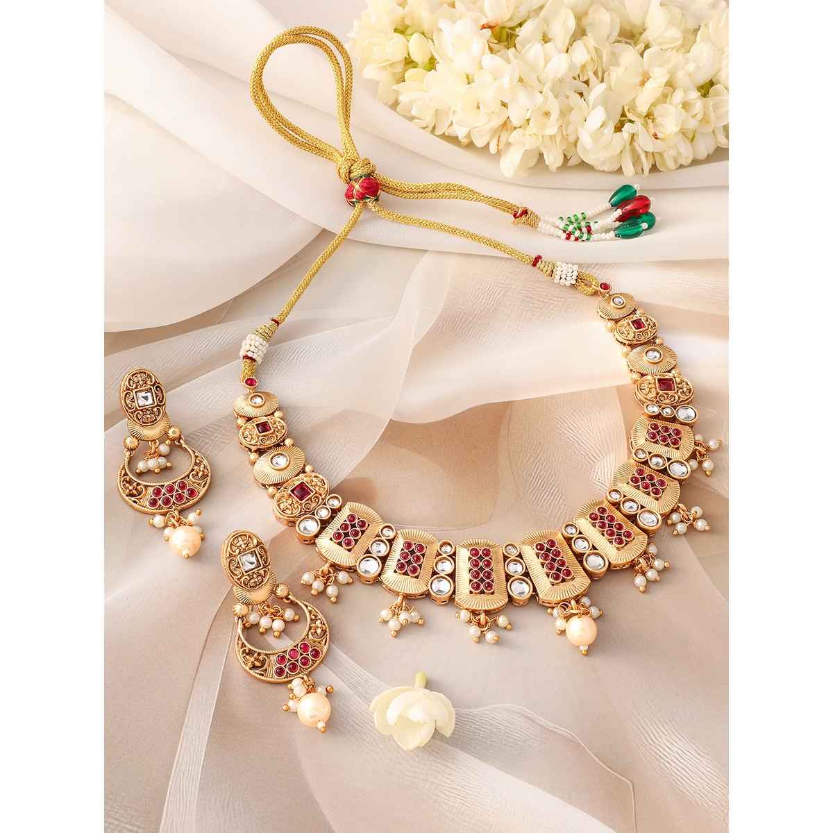 Rubans 24K Gold-Plated Ruby, Kundan Studded & Pearl Drops Rectangle Motif Necklace Set