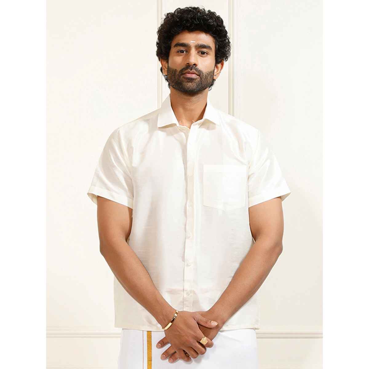 Vastramay Mens Silk Blend Casual Shirt | Cream Short Sleeve Elegant Fit with Patch Pocket - M