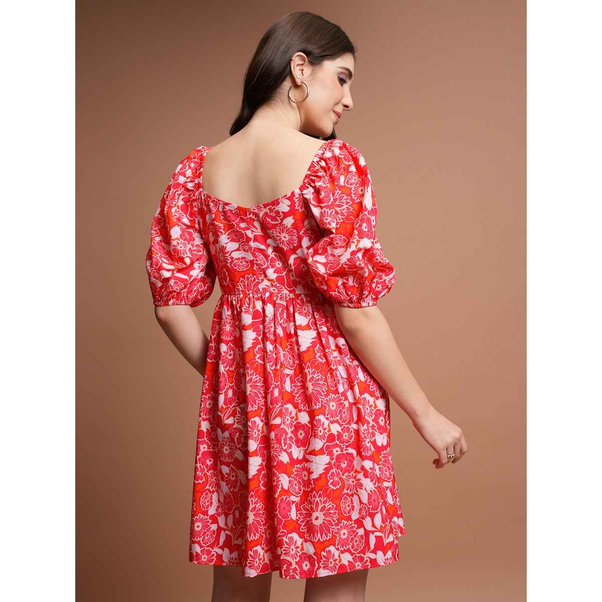 Tokyo Talkies Women's Floral Printed Puff Sleeves Gathered Fit & Flare Mini Dress | Red & White - XL