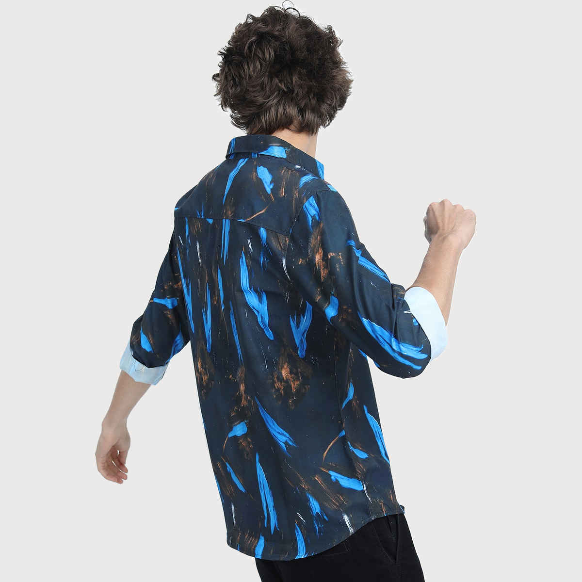 Highlander Men's Slim Fit Abstract Printed Casual Shirt - Black and Blue | L