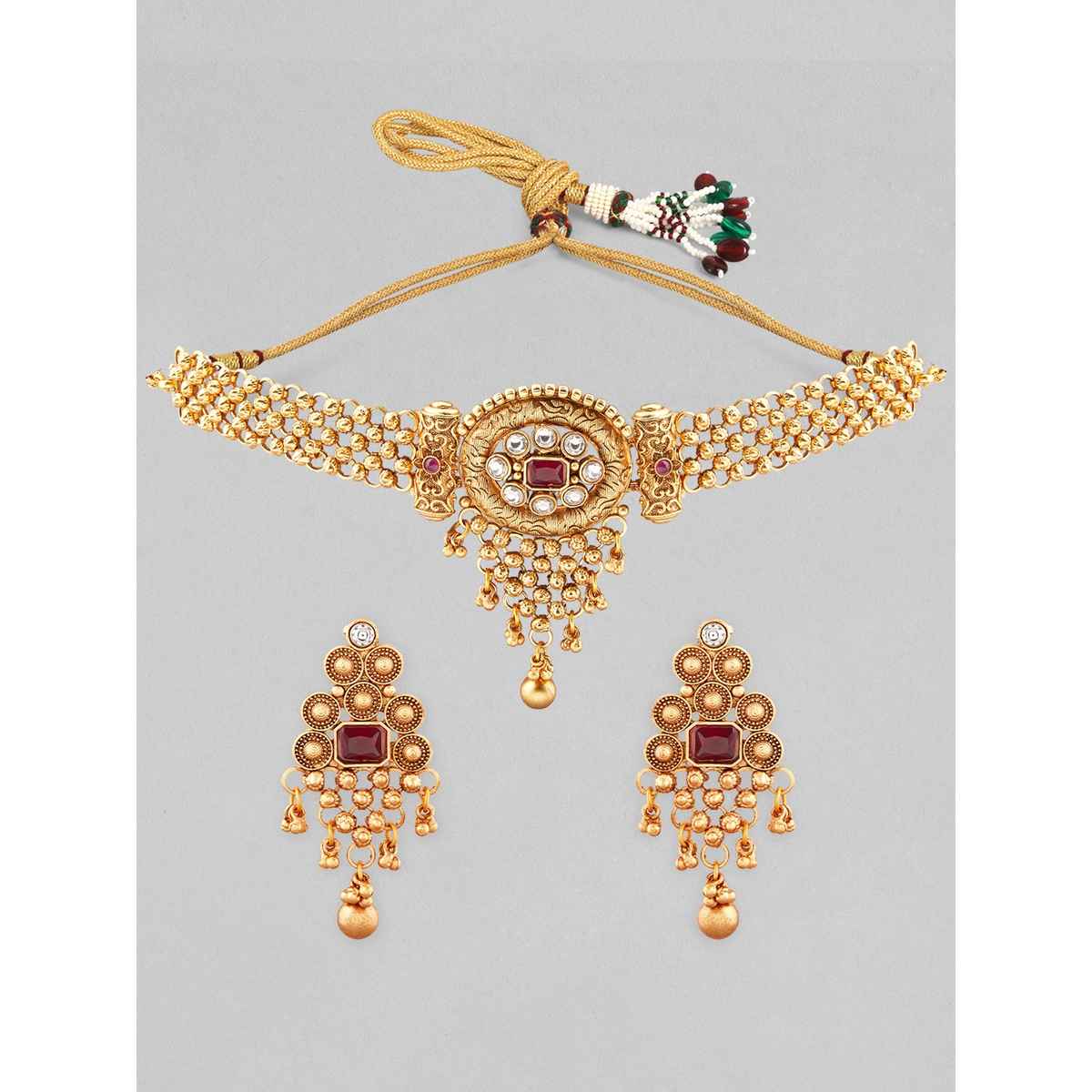 Rubans 22K Gold Plated Ruby & White Kundan Studded Choker Jewellery Set with Golden Beads
