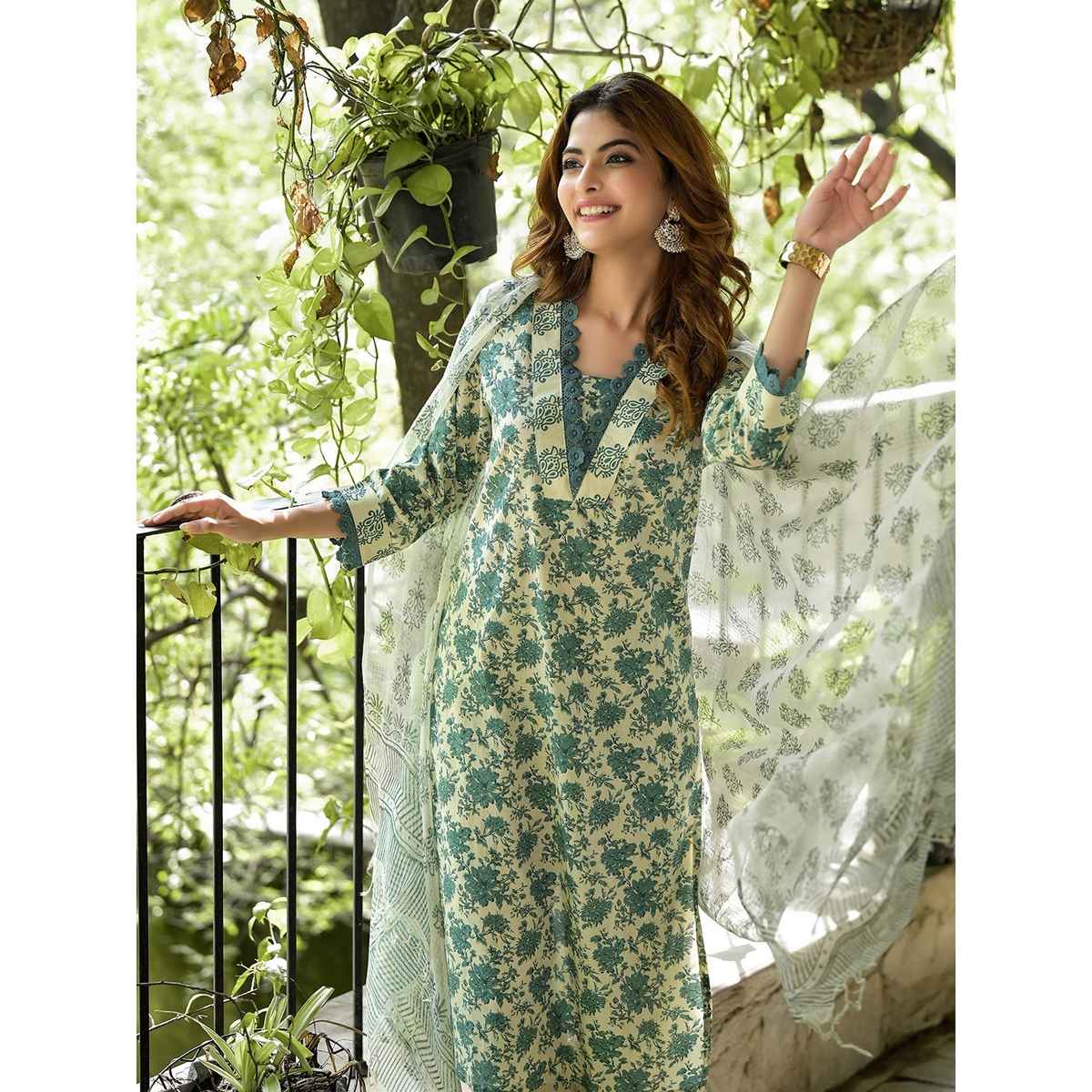 Divena Women s Bottle Green Floral Print Cotton Kurta Set | DK2069 | M