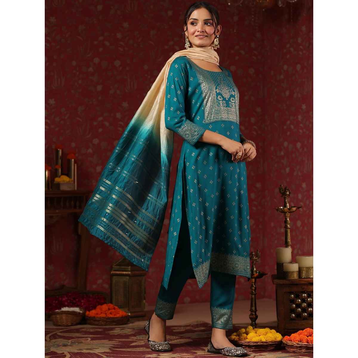 Ishin Women Straight Ethnic Rayon Kurta Set with Dupatta | INWSDAW231067 | Teal - M