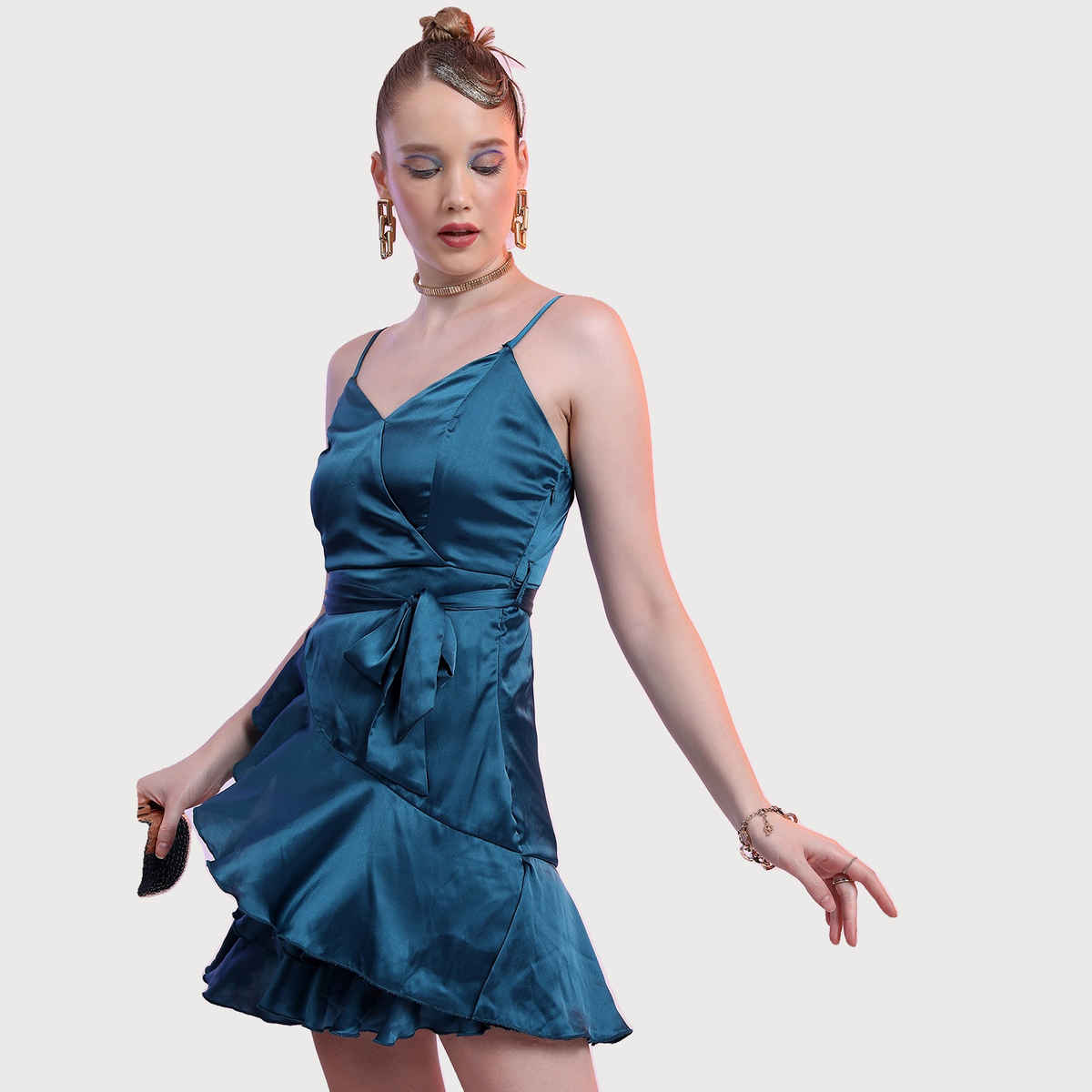 Ketch Women's Shoulder Straps Ruffled Wrap Mini Dress | Teal - XL
