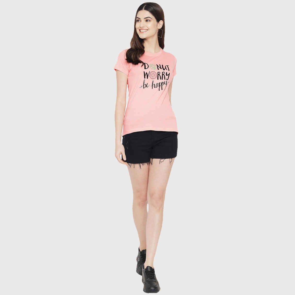 Fabflee Women Regular Cotton Printed Round Neck Tshirt | Pink | FAB-WT-07 | L