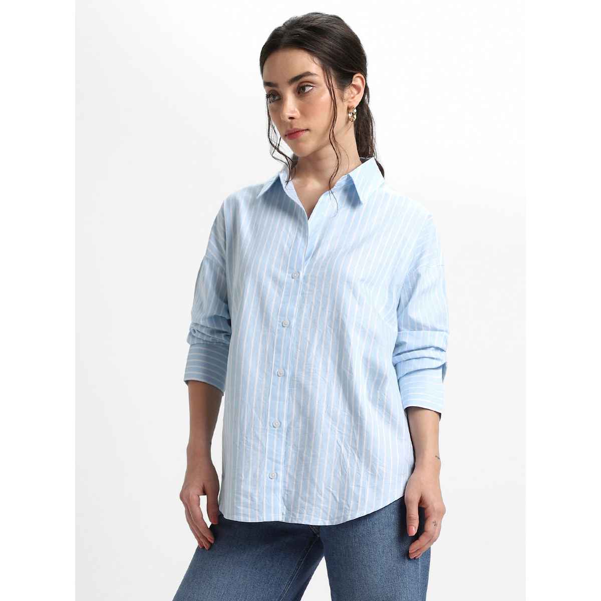 DL Women's Oversized Vertical Stripes Pure Cotton Oxford Casual Shirt | DLWSHW23001 | Blue - M