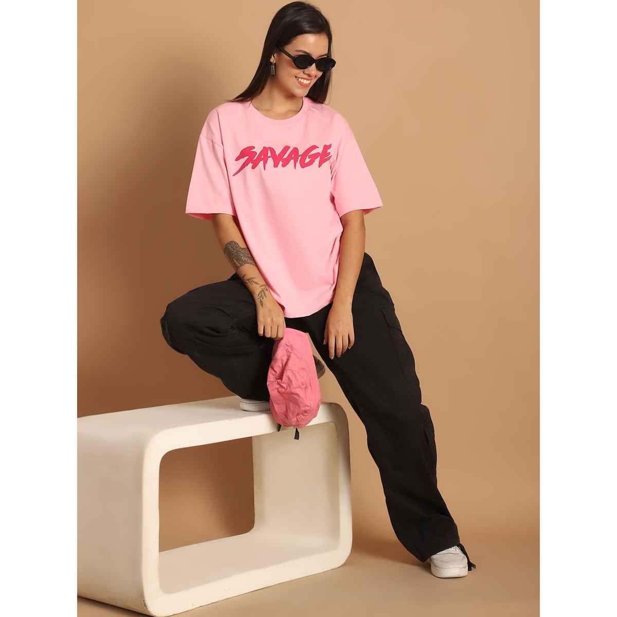 Fabflee Women Oversize Cotton Printed Round Neck Tshirt | Pink | FAB-OS-509 | S