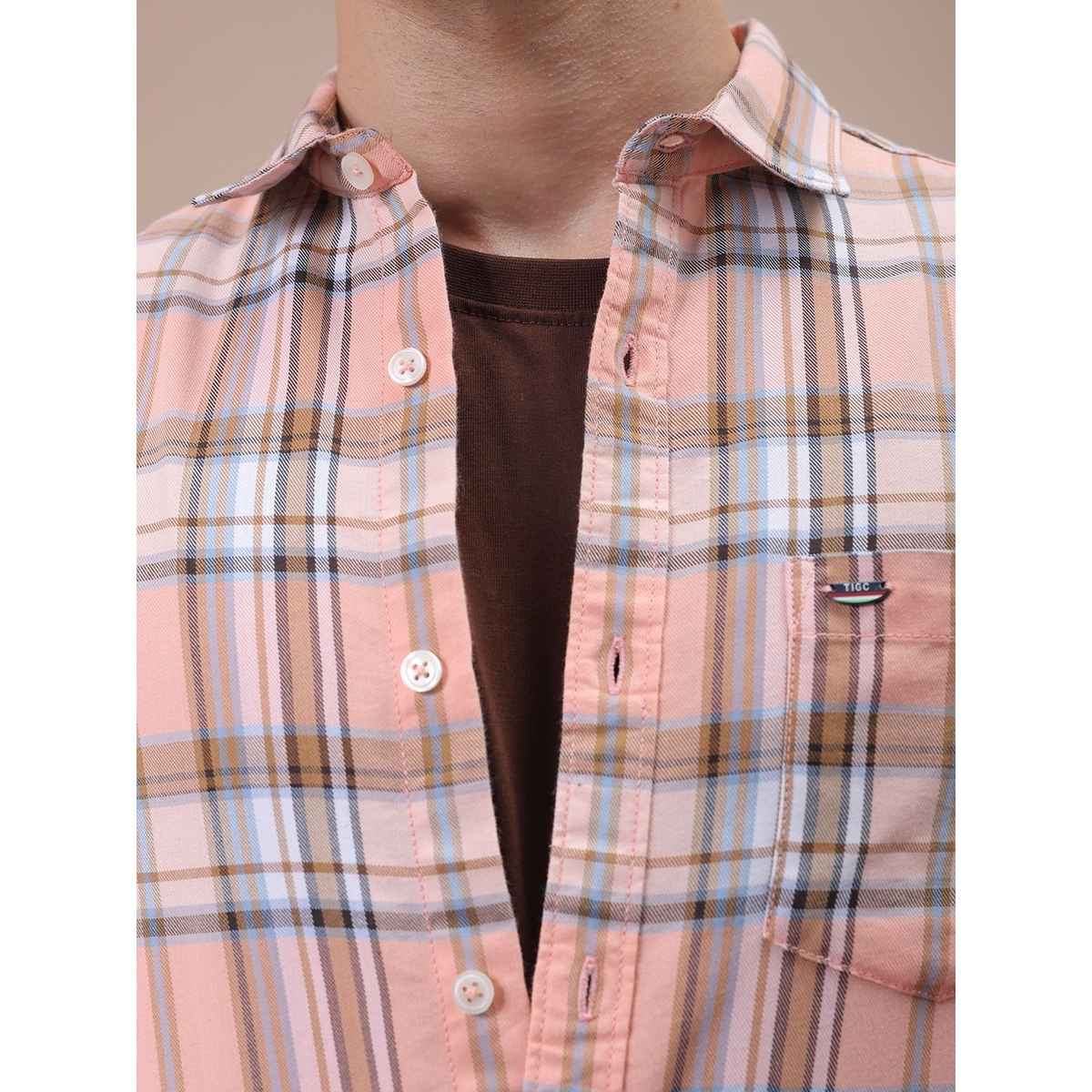 The Indian Garage Co Men's Slim Fit Checkered Casual Shirt | Pink - XL