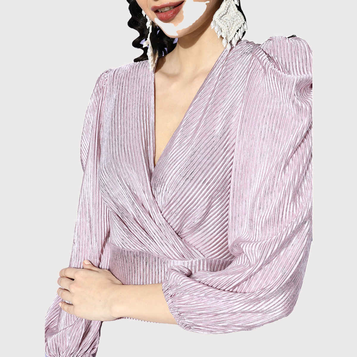 Athena Lavender Solid Accordion Pleats Wrap Dress Lavender L