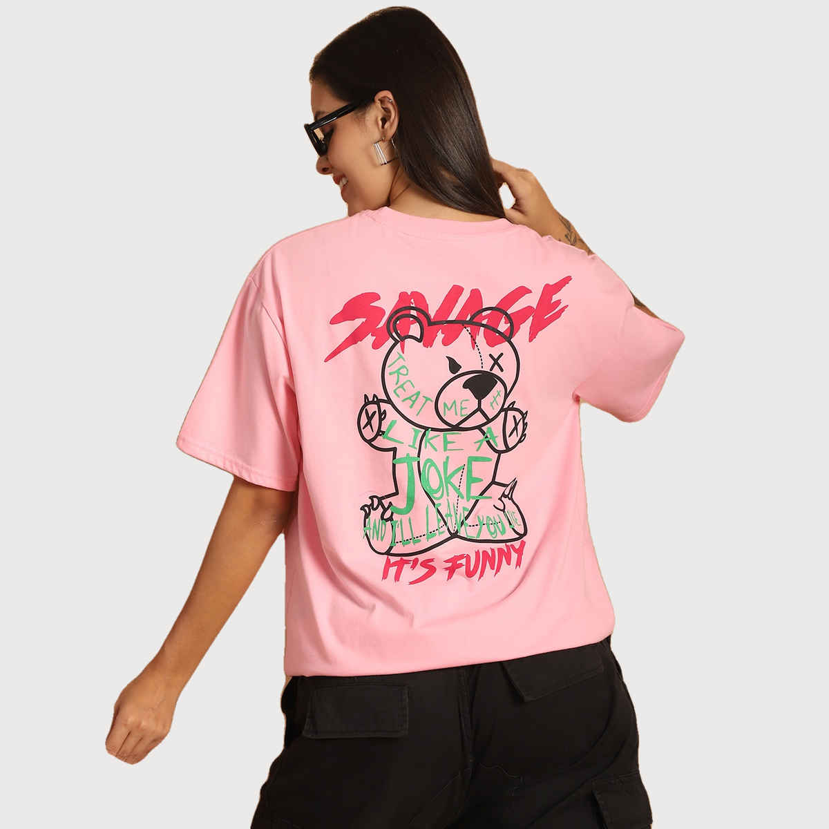 Fabflee Women Oversize Cotton Printed Round Neck Tshirt | Pink | FAB-OS-509 | S