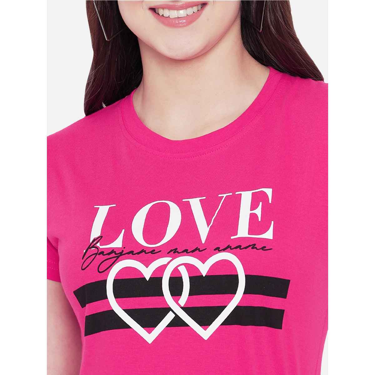 Fabflee Women Regular Cotton Printed Round Neck Tshirt | Pink | FAB-WT-03 | S