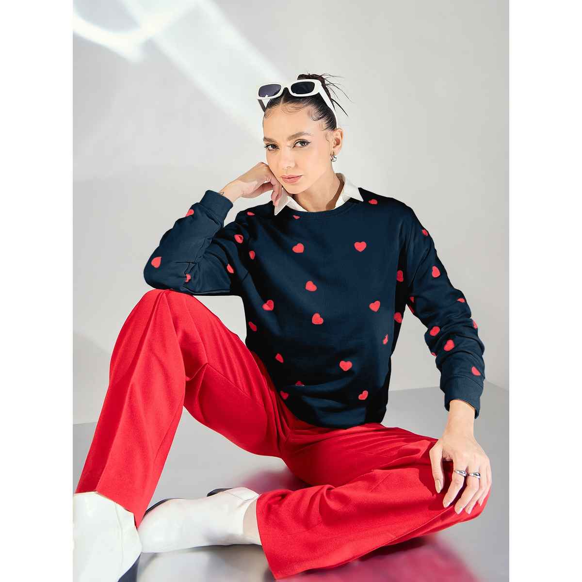 Uptownie Women's Heart Printed Cotton Sweatshirt | 120018778 | Navy Blue | M