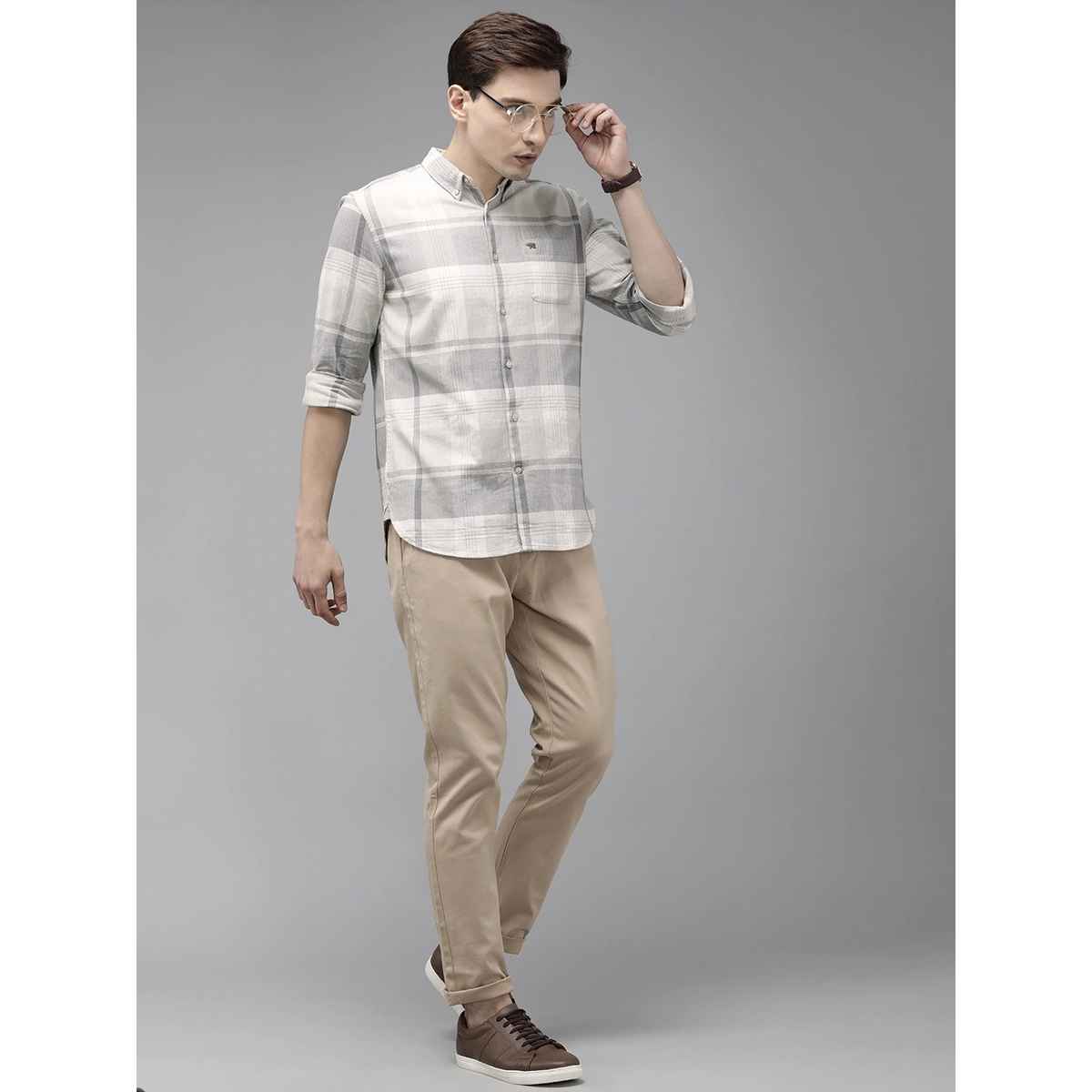 The Bear House Men Slim Cream & Grey Checked Shirt Style-Amber Color -Cream Size - XL