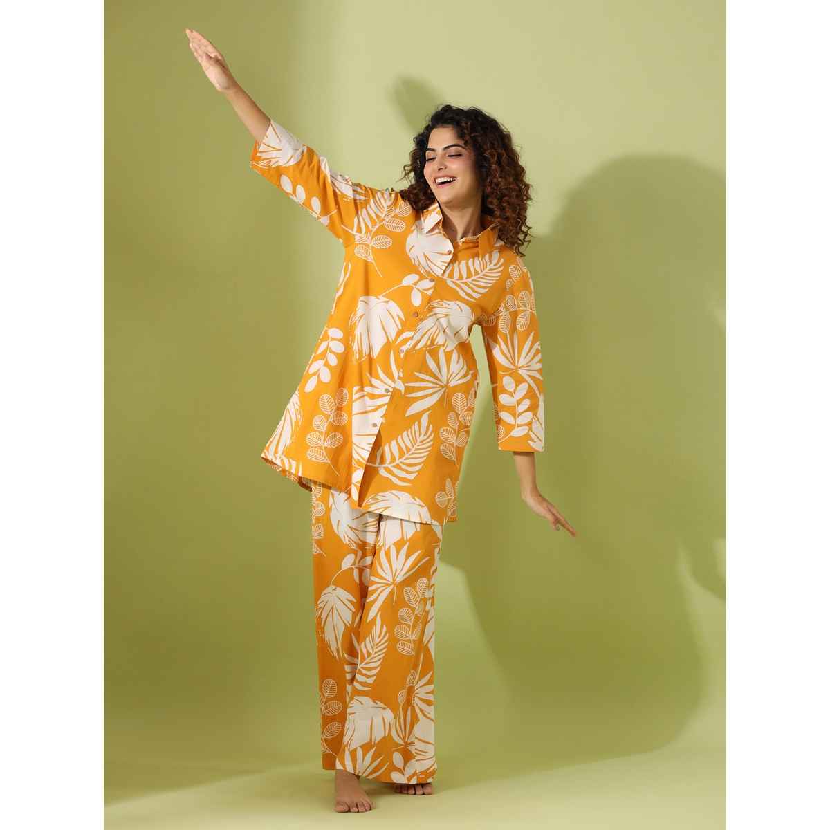 Sanskrutihomes Tropical Printed Pure Cotton Night Suit | Yellow - White | L