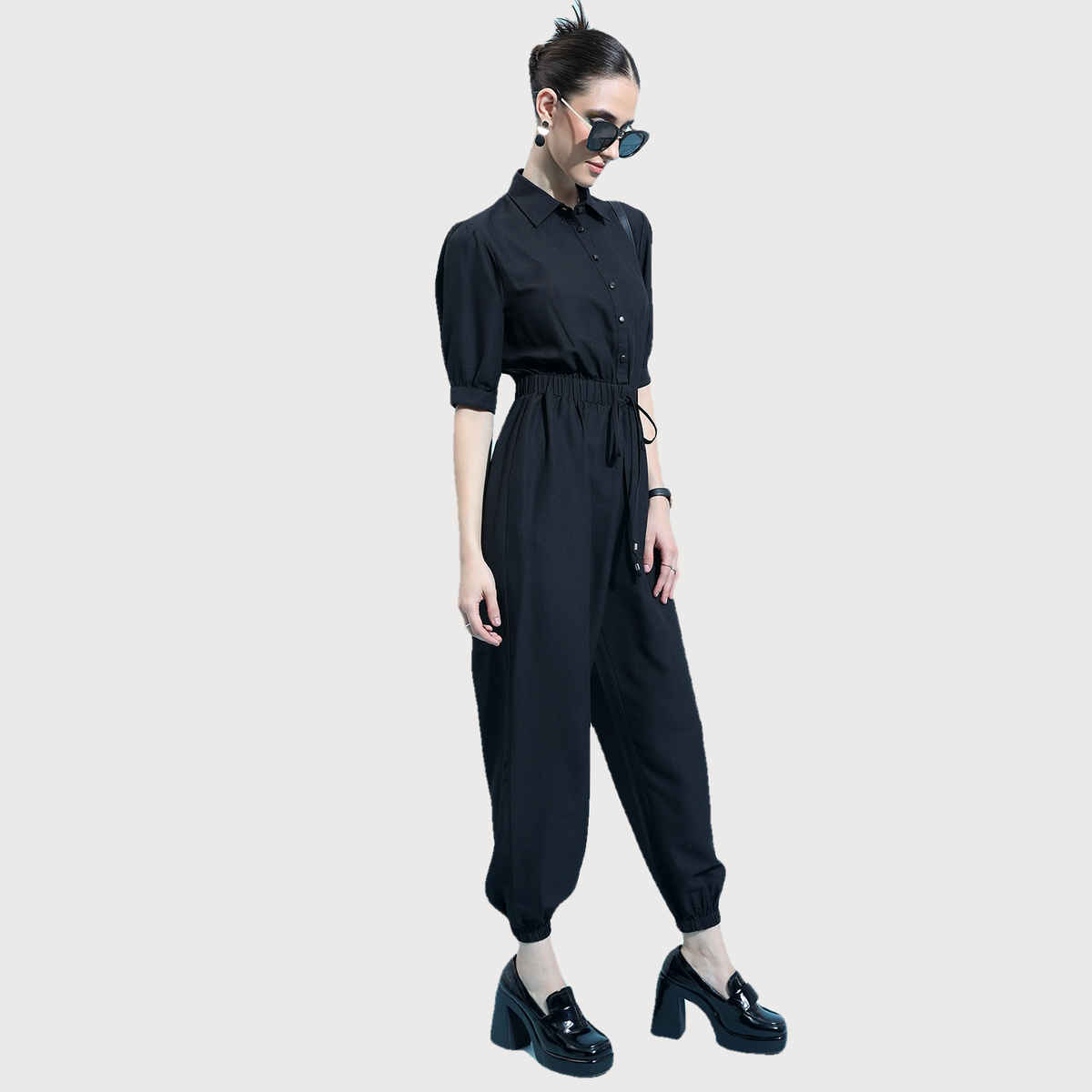 Ketch Women's Shirt Collar Basic Jumpsuit | Black - L