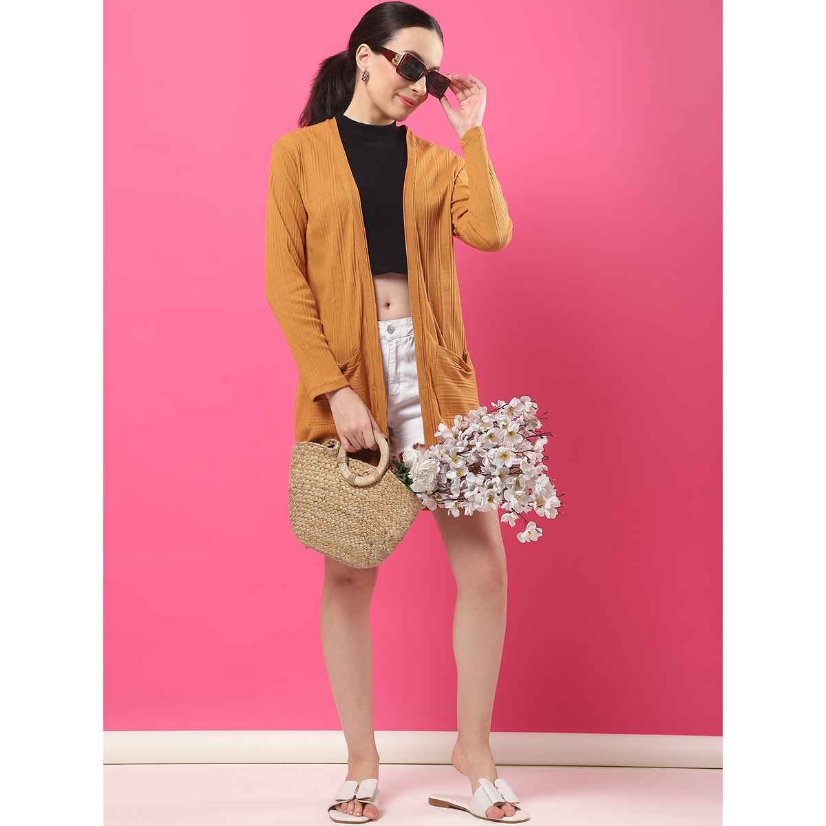 Rigo Women Front Open Long Rib Shrug | Light Brown - Free Size