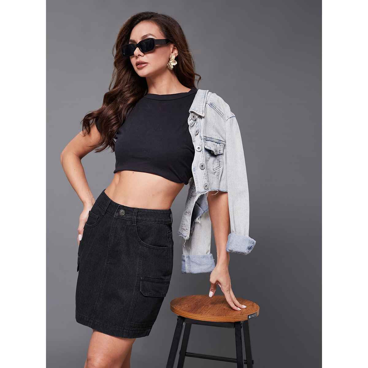 Miss Chase Women Straight High Rise Clean Look Mini Denim Skirt | Black | 34