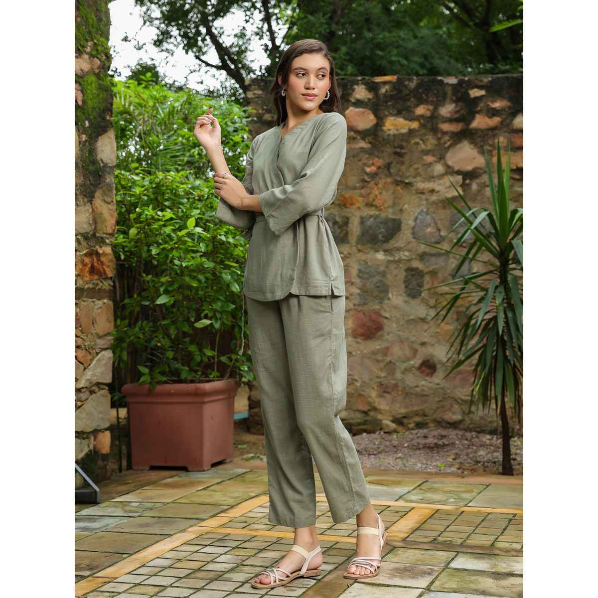 Sanskrutihomes Pure Cotton Long Sleeves Top & Trouser Co-Ord | Women | Olive | XXL
