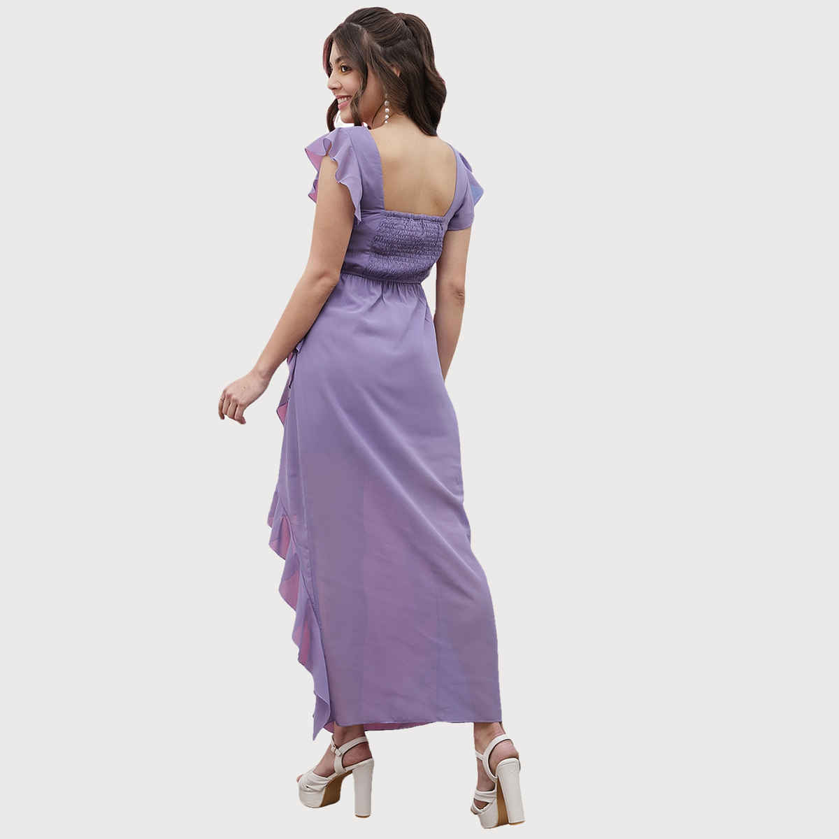 Athena Lavender Square Neck Flutter Sleeves Ruffled Detailed Maxi Dress Lavender XL