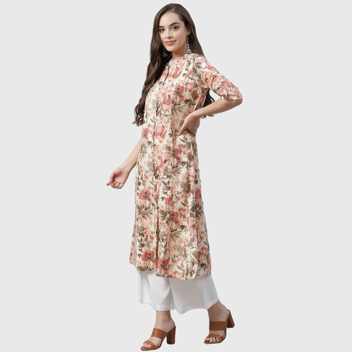 Divena Women s Cream Cotton Floral Print A-Line Kurta | DBK0336 | S