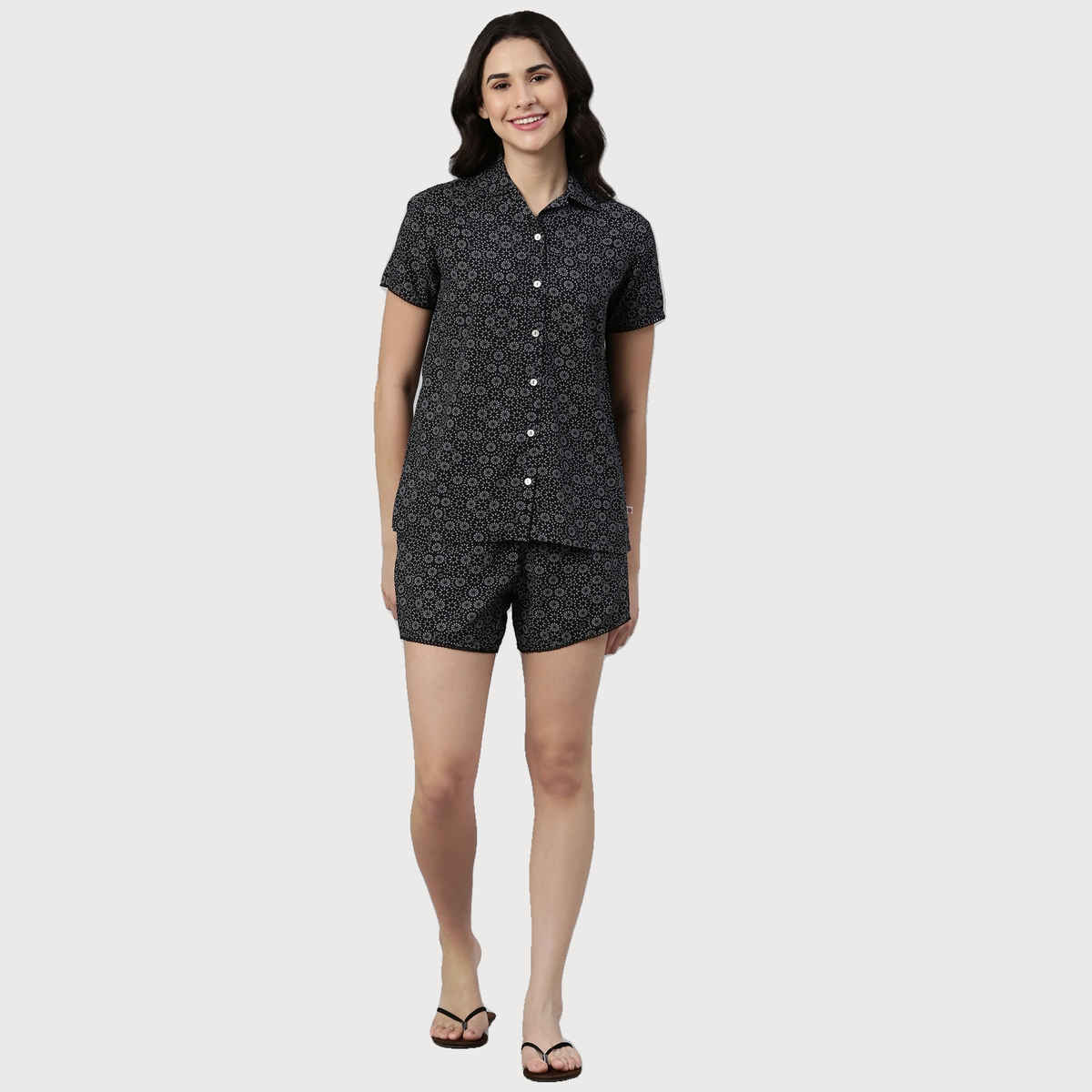 Enamor Essentials EC13 Women s Modal Woven Printed Shirt And Shorts Set | Black | L