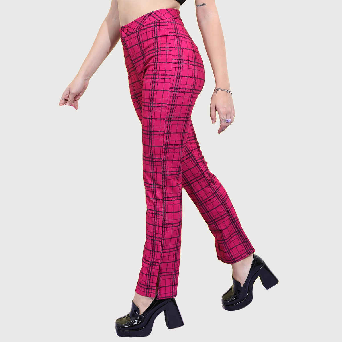 Ketch Women's Checked Split Hem Regular Trousers | Multicolor - 32