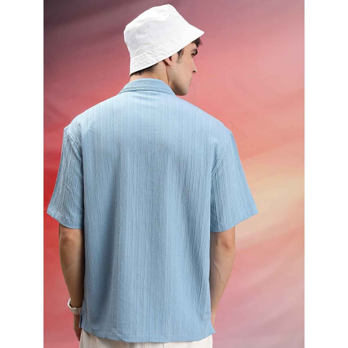 Highlander Men's Self Design Oversized Casual Shirt - Light Blue | M