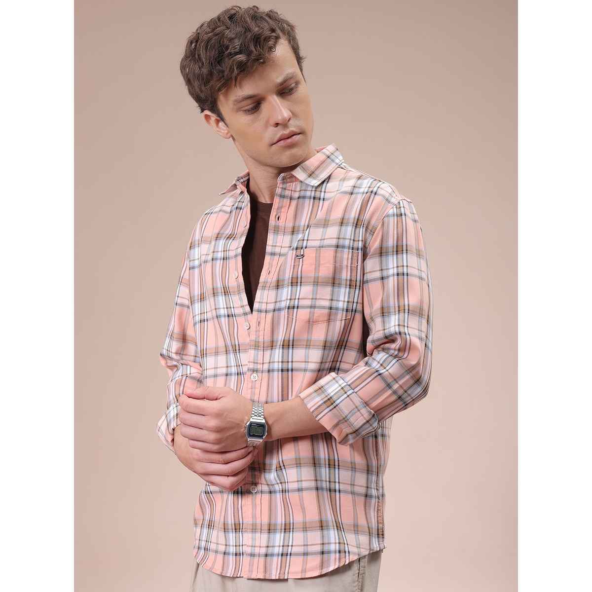 The Indian Garage Co Men's Slim Fit Checkered Casual Shirt | Pink - S