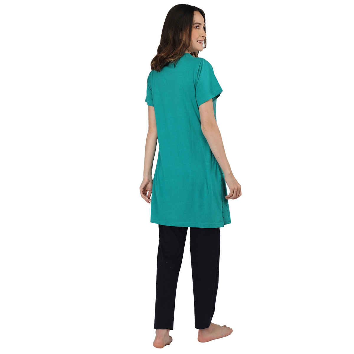 Duchess Women s Cotton Regular Fit Printed Embroided Long Length Night Suit Set | CyanGreen | 2XL