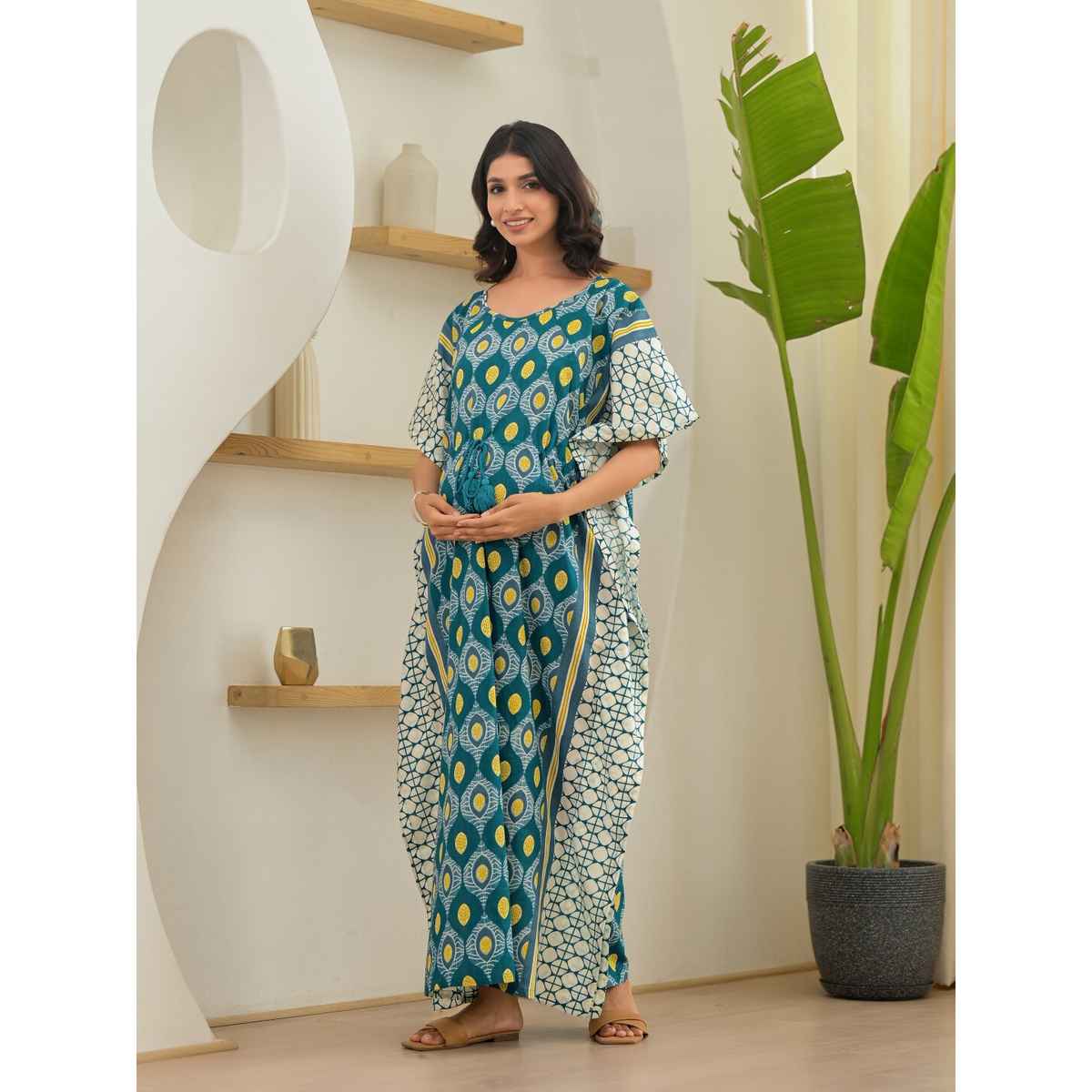 Aujjessa Teal White Printed Front Zipper Maternity Feeding Kaftan | Free Size