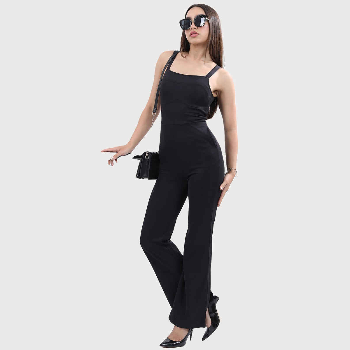 Ketch Women's Shoulder Straps Flared Leg Jumpsuit | Black - M