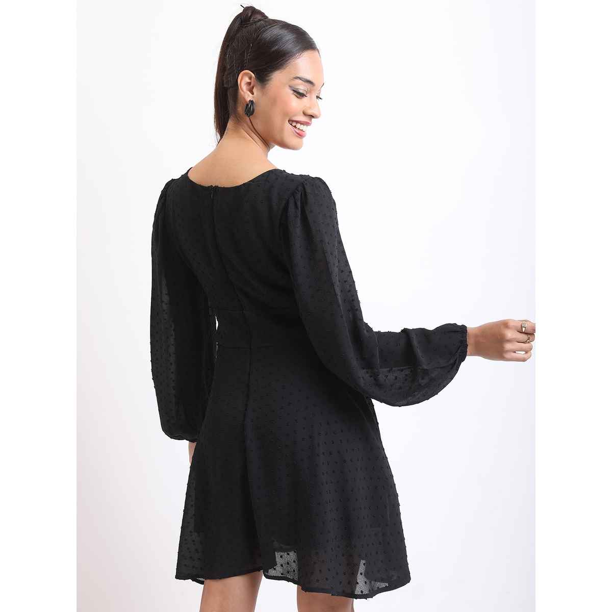 Ketch Women Square Neck Self Design A-Line Dress | Black | M