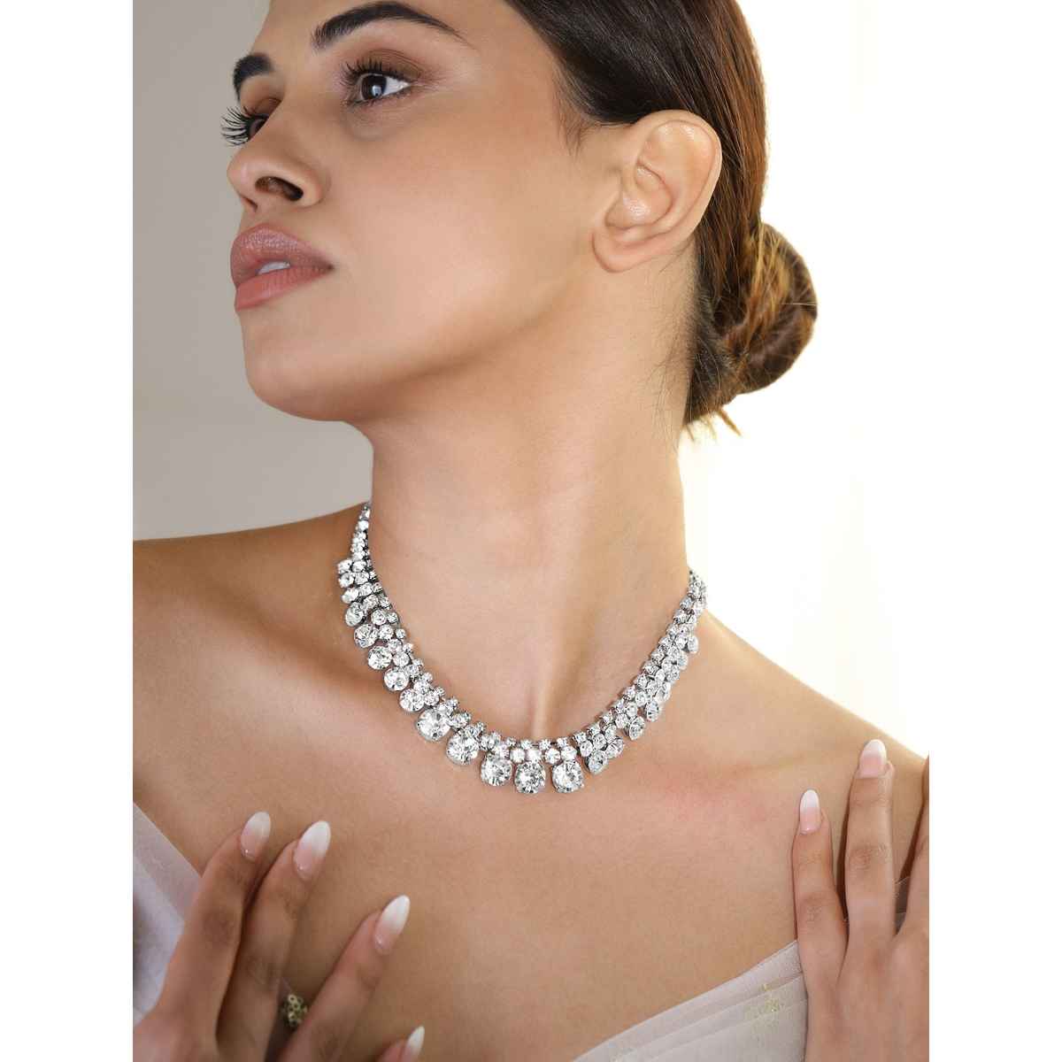 Rubans Rhodium-Plated Teardrop Crystal Stone Studded Necklace
