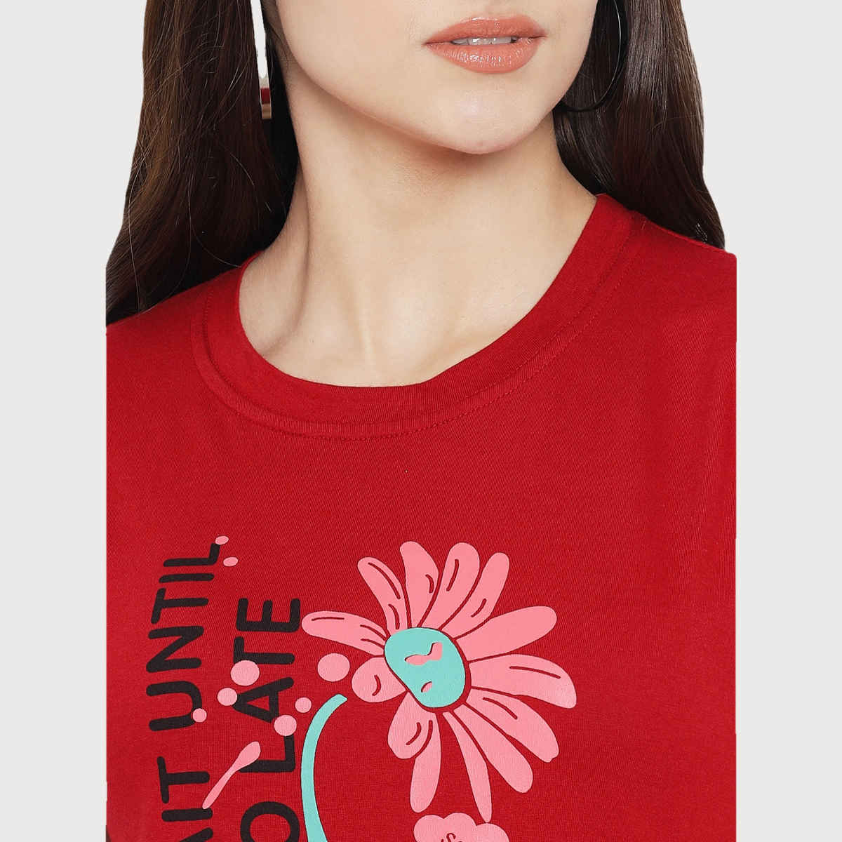 Fabflee Women Regular Cotton Printed Round Neck Tshirt | Maroon | FAB-WT-12 | L