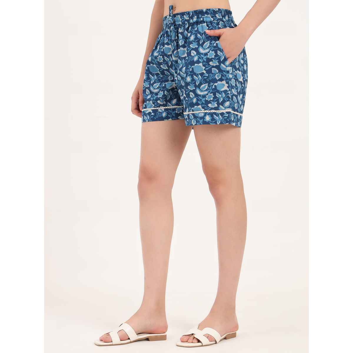 Divena Blue Floral Print Cotton Shorts for Women | DK0258 - M