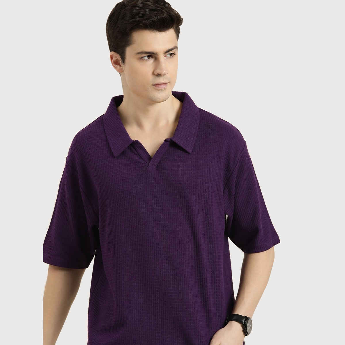 Dillinger Men's Waffle Structure Self Design Oversized Polo Collar T-shirt | Purple - 2XL