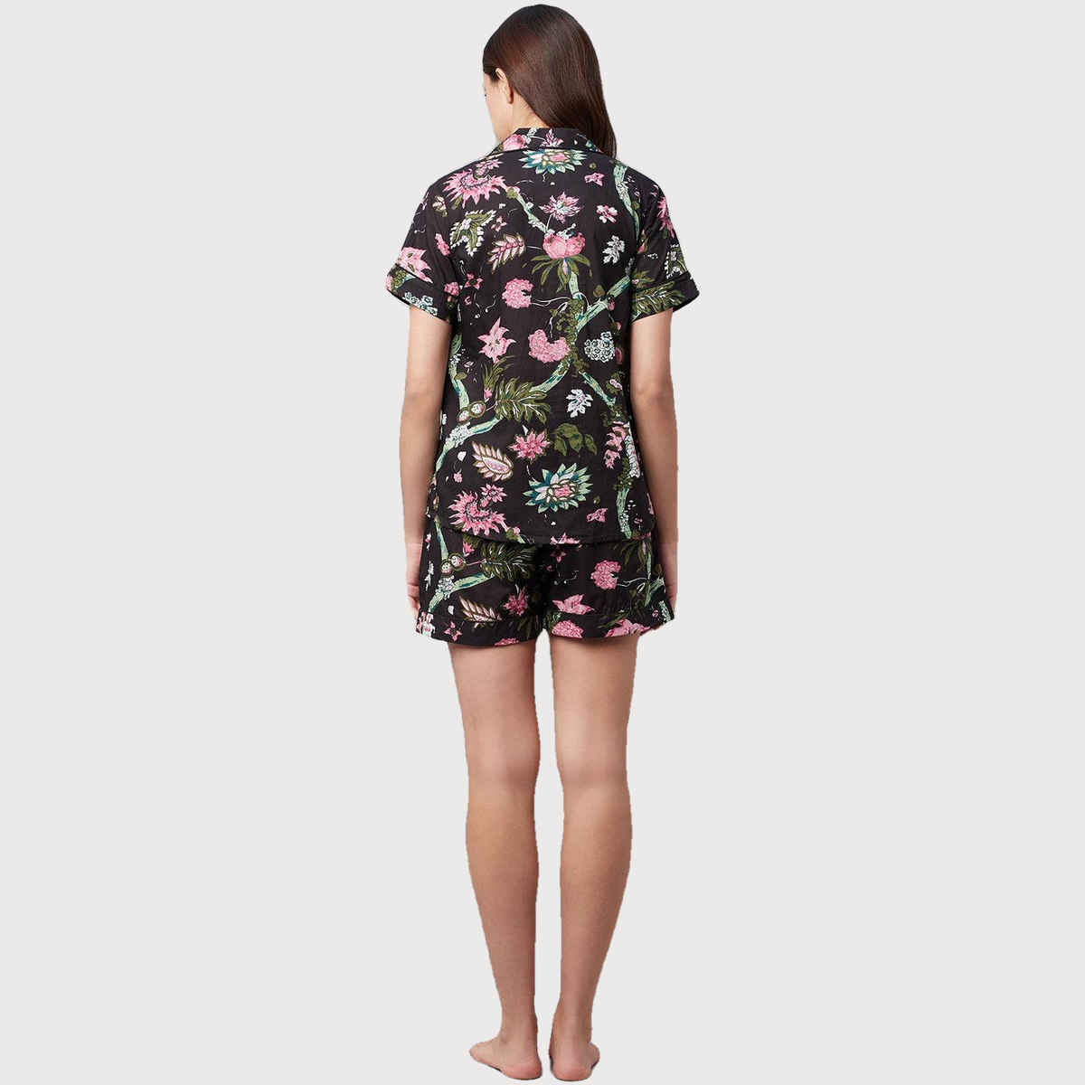 Divena Cotton Floral Print Women's Night Suit | DK0222 | Black - S