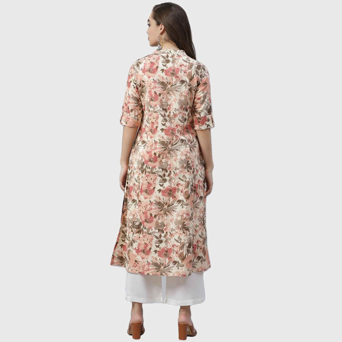 Divena Women s Cream Cotton Floral Print A-Line Kurta | DBK0336 | S