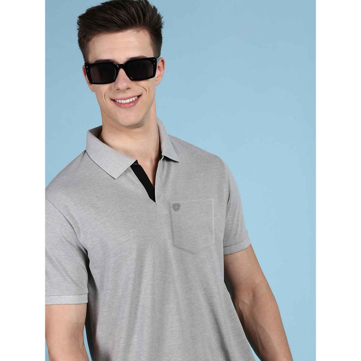 Lux Cozi Men's Solid Cotton Polo T-shirt with Pocket | Grey Melange - S