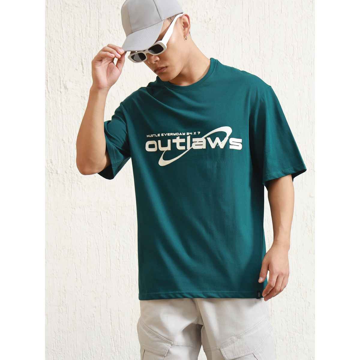 Hubberholme Men's Graphic Printed Drop Shoulder Relaxed Fit T-shirt | Teal - M