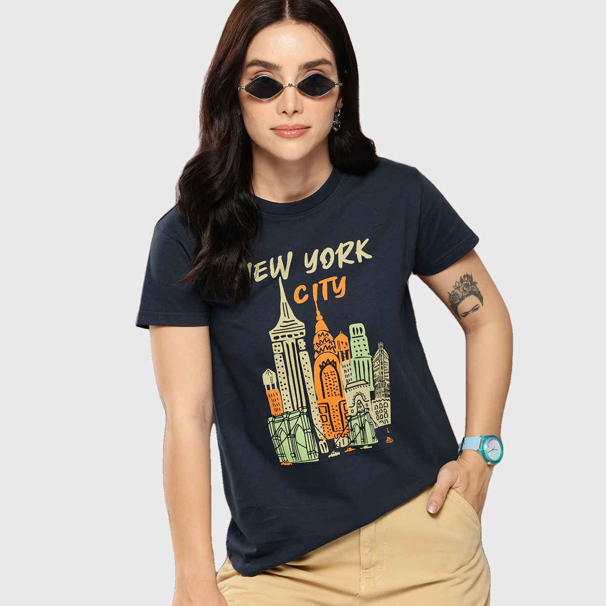 Dillinger Women's Regular Fit Printed T-shirt | WMNCR572NVY | Navy Blue - M