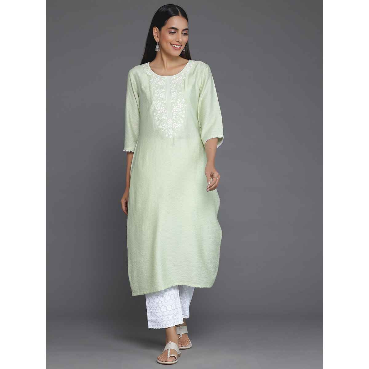 Libas Women's Green Yoke Design Silk Straight Kurta | S