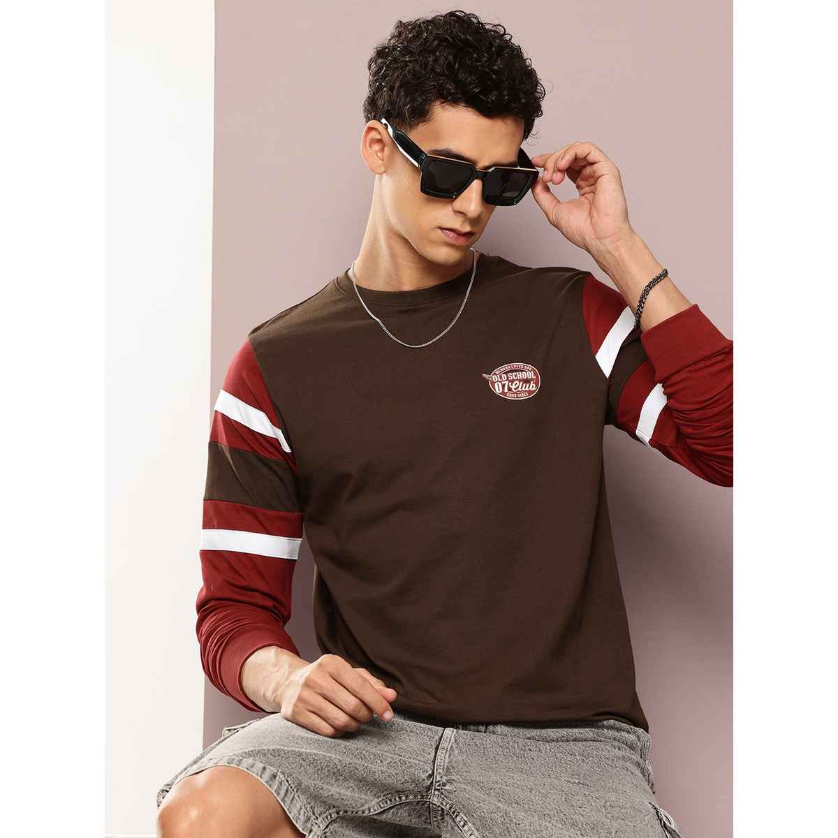 Dillinger Men's T-shirt Long Sleeve Colourblocked Striped Typography | Brown - S