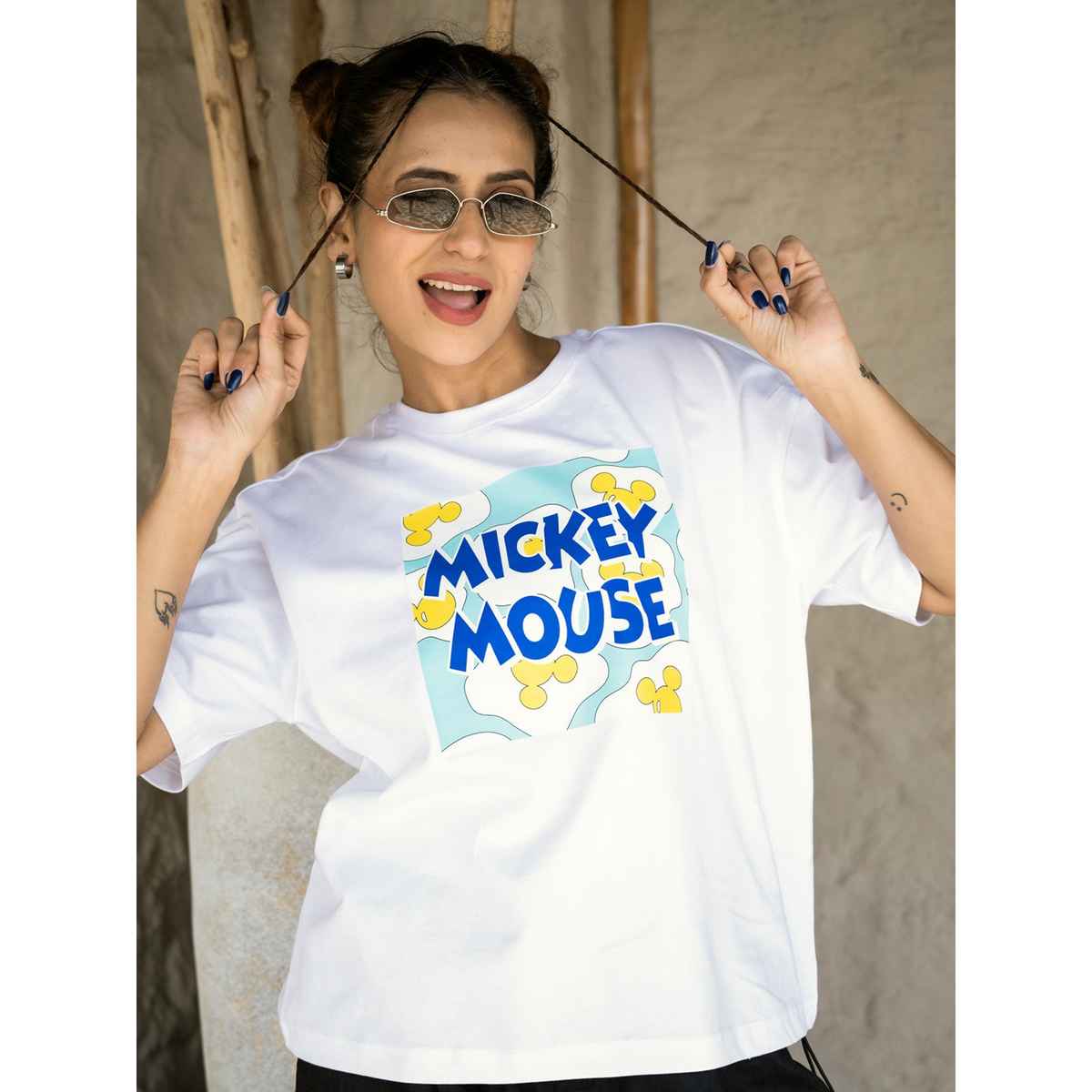 Bonorganik Women's Mickey Oversize Front Print T-Shirt | Bon12121 | White | XL