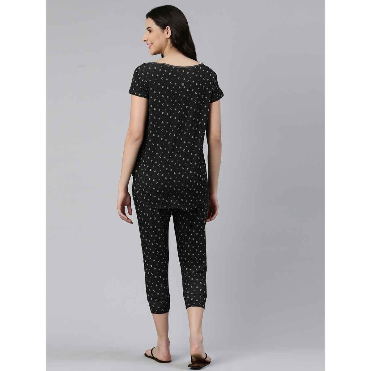Enamor Essentials EC16 Women s Aop-Soft & Drapey All Over Printed Lounge Capri Set | Black | 2XL